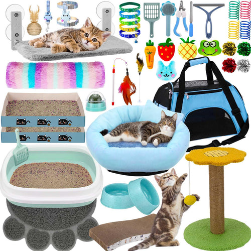 40 Pcs Kitten Starter Kit                   for Indoor Cats Include Cat Litter Box Cat Toys Cat Collars Cat Bed Scratch Pad Nail File Feed Bowls and More for Kitten Supplies Accessories Welcome Gift (Blue)